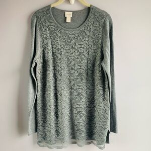 Chico's Sweater Grey Lace Overlay LIghtweight Soft Office Smart Casual Medium
